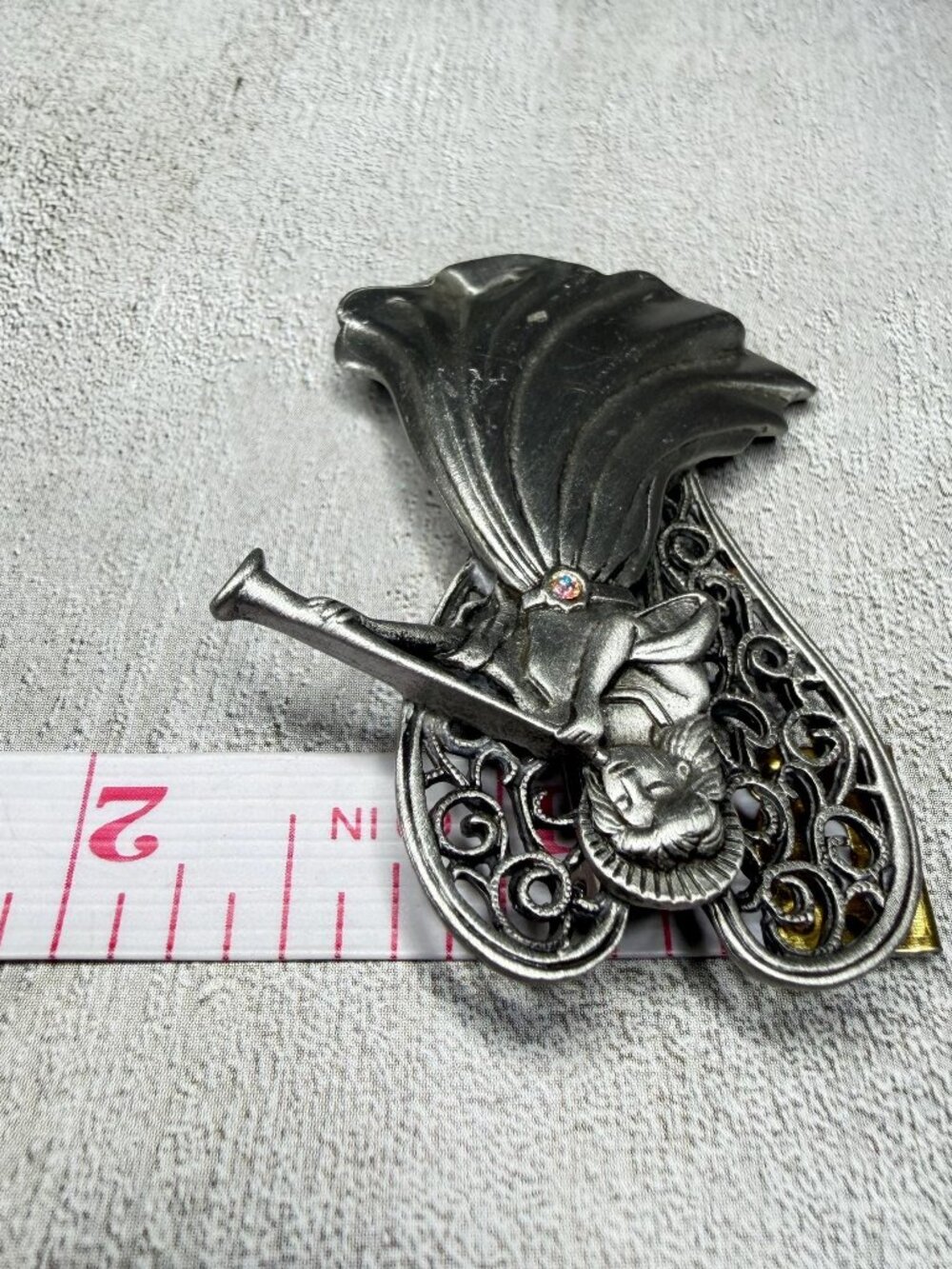 Vintage JJ Pewter Angel Trumpet Brooch Christmas Holiday Pin 3 inches - Picture 8 of 9